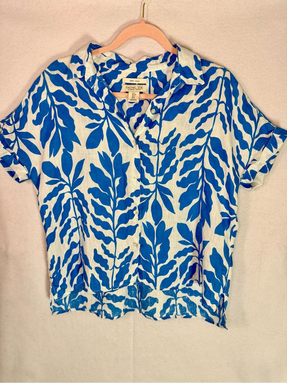 Rachel Zoe 100% Linen - Blue & White Leaf-Print Button Up Top - Size S